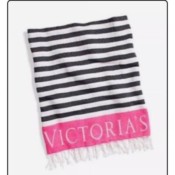 Victoria’s Secret Pink Black Stripe Tassel Cotton Beach Blanket - Picture 1 of 10